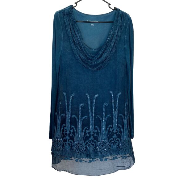 SOFT SURROUNDINGS Blue Long Sleeve Silk Embroidered Sequin Tunic Top Size M - Picture 1 of 5